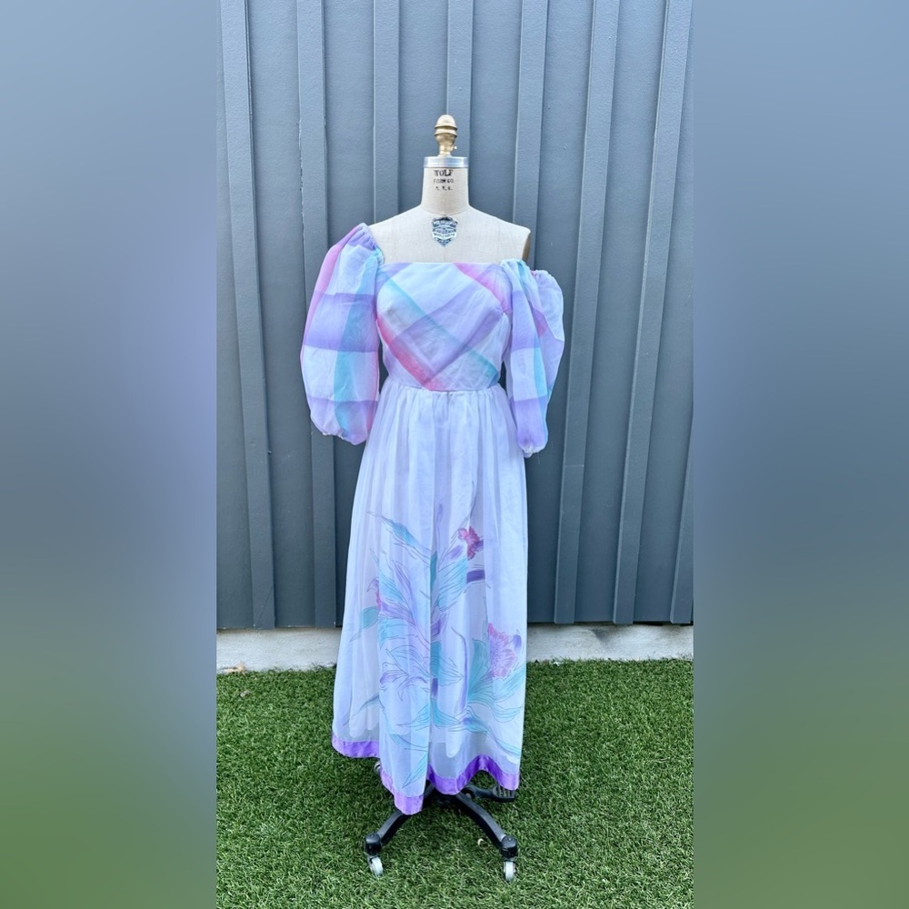 Vintage 1970s 1980s Watercolor Puff Sleeve Dress- size S - Picture 2 of 8